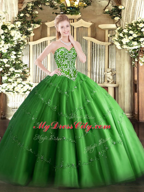 On Sale Green Lace Up Sweet 16 Dresses Beading and Appliques Sleeveless Floor Length