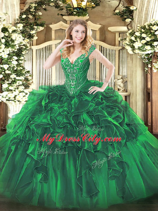 Floor Length Ball Gowns Sleeveless Green Quince Ball Gowns Lace Up