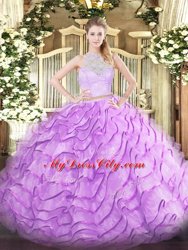 Nice Scoop Sleeveless Tulle Sweet 16 Quinceanera Dress Lace and Ruffles Brush Train Zipper