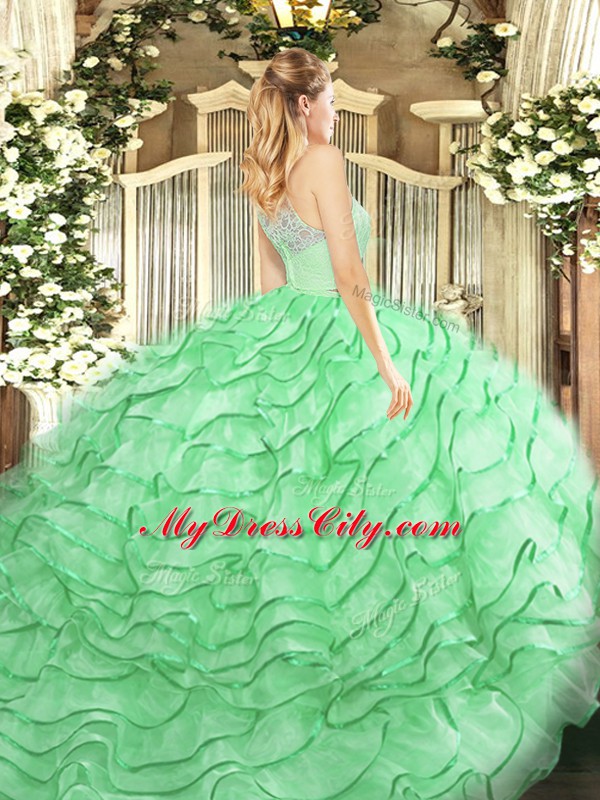 Nice Scoop Sleeveless Tulle Sweet 16 Quinceanera Dress Lace and Ruffles Brush Train Zipper