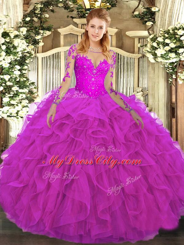 Luxurious Fuchsia Ball Gowns Tulle Scoop Long Sleeves Lace and Ruffles Floor Length Lace Up Quinceanera Gowns