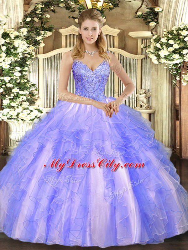 Fashionable Tulle V-neck Sleeveless Lace Up Beading and Ruffles Quinceanera Dress in Lavender