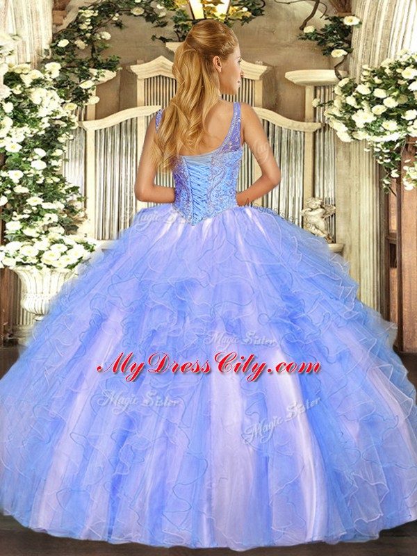 Fashionable Tulle V-neck Sleeveless Lace Up Beading and Ruffles Quinceanera Dress in Lavender