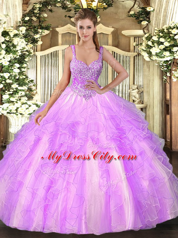 Smart Ball Gowns Ball Gown Prom Dress Lilac Straps Tulle Sleeveless Floor Length Lace Up