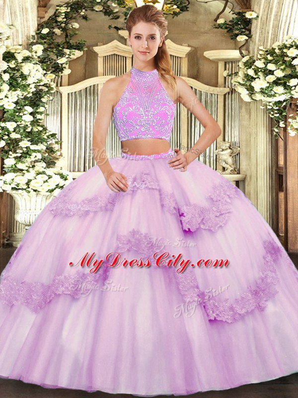 Classical Lilac Two Pieces Tulle Sweetheart Sleeveless Beading and Appliques and Ruffles Floor Length Criss Cross Vestidos de Quinceanera