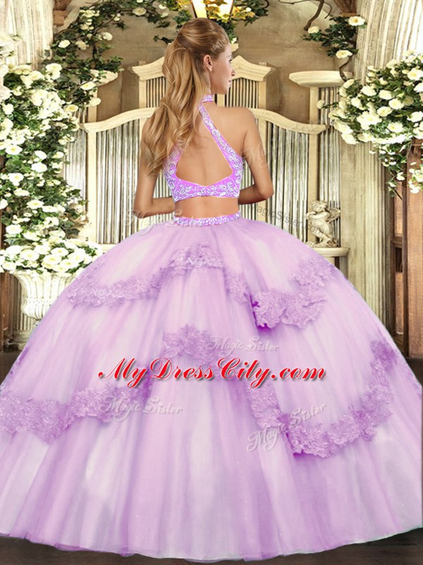 Classical Lilac Two Pieces Tulle Sweetheart Sleeveless Beading and Appliques and Ruffles Floor Length Criss Cross Vestidos de Quinceanera