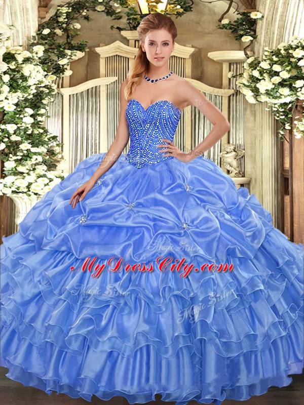 Baby Blue Ball Gowns Organza Sweetheart Sleeveless Beading and Ruffled Layers and Pick Ups Floor Length Lace Up Ball Gown Prom Dress