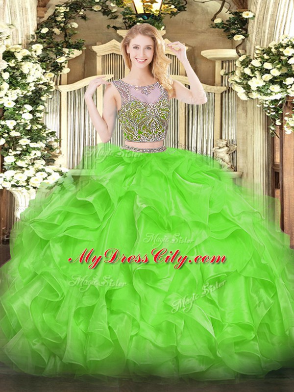 Fitting Sleeveless Organza Floor Length Lace Up Ball Gown Prom Dress in with Beading and Ruffles