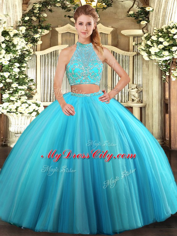 Romantic Aqua Blue Tulle Criss Cross Quince Ball Gowns Sleeveless Floor Length Beading