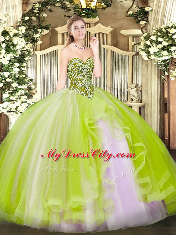 Latest Tulle Sleeveless Floor Length Vestidos de Quinceanera and Beading and Ruffles