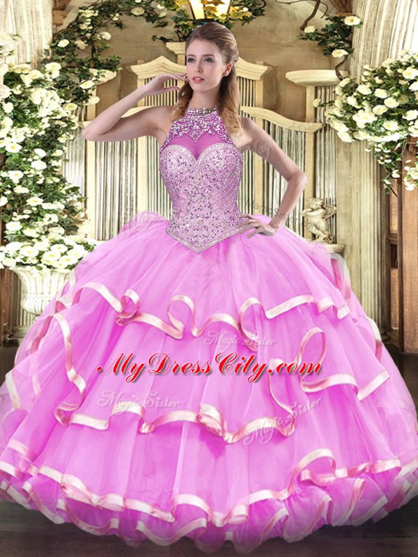 Vintage Rose Pink Sleeveless Organza Lace Up Vestidos de Quinceanera for Military Ball and Sweet 16 and Quinceanera