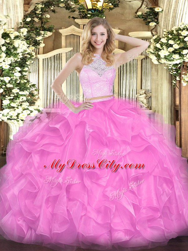 Hot Sale Rose Pink Scoop Neckline Lace and Ruffles Ball Gown Prom Dress Sleeveless Zipper