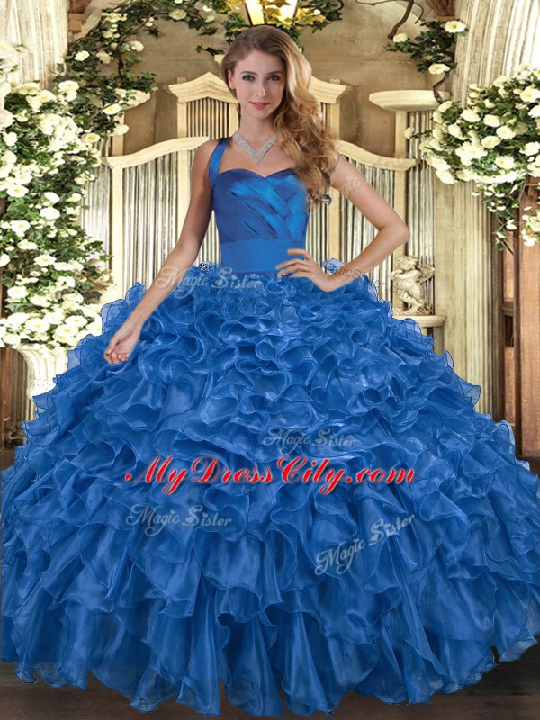 Lovely Sleeveless Floor Length Ruffles Lace Up Quinceanera Gown with Blue