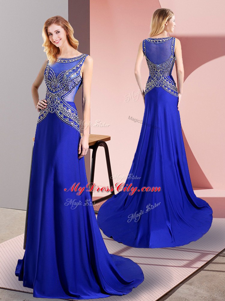 Suitable Royal Blue Scoop Side Zipper Beading Prom Party Dress Sweep Train Sleeveless