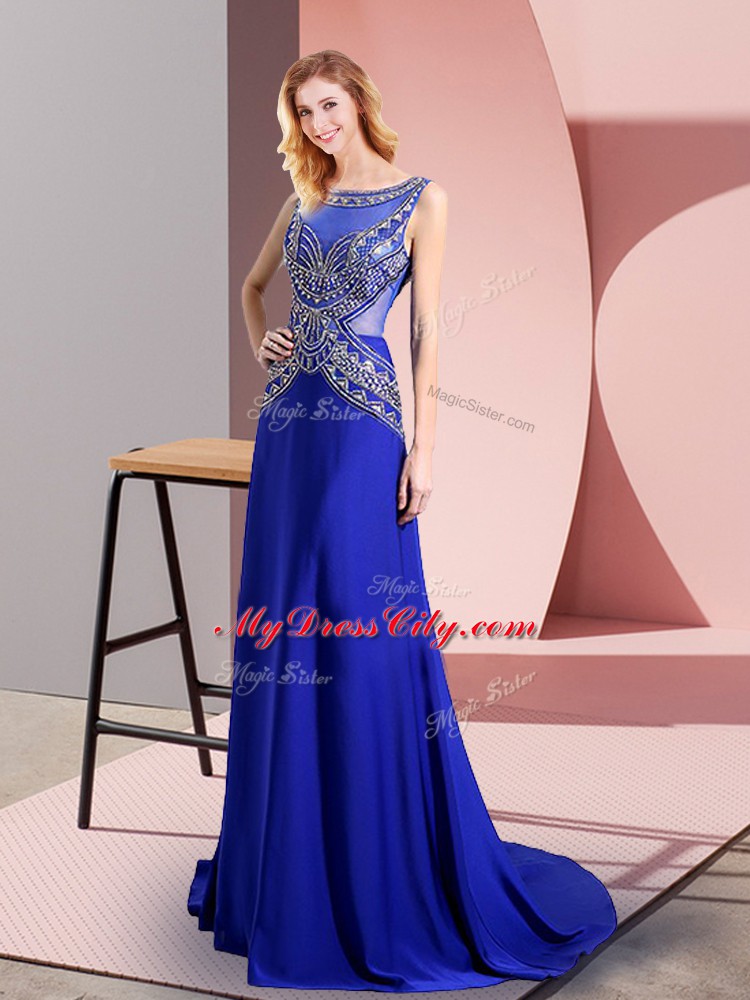 Suitable Royal Blue Scoop Side Zipper Beading Prom Party Dress Sweep Train Sleeveless