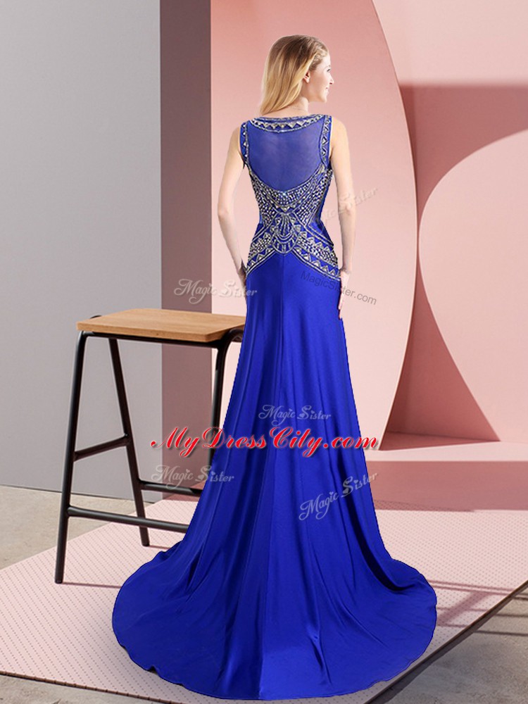 Suitable Royal Blue Scoop Side Zipper Beading Prom Party Dress Sweep Train Sleeveless