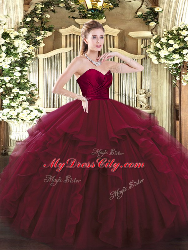 Ball Gowns Sweet 16 Quinceanera Dress Wine Red Sweetheart Tulle Sleeveless Floor Length Lace Up