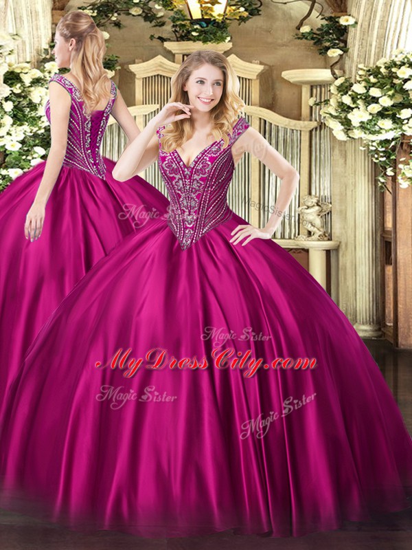 V-neck Sleeveless Satin Vestidos de Quinceanera Beading Lace Up