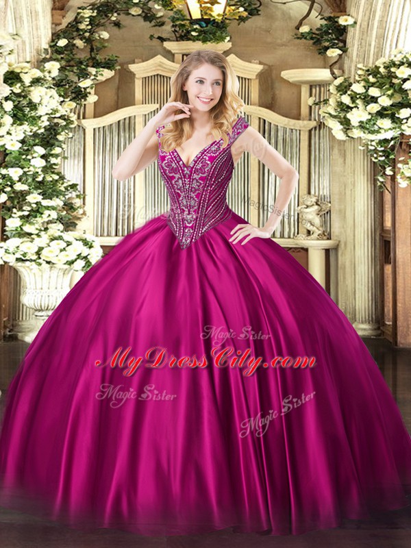 V-neck Sleeveless Satin Vestidos de Quinceanera Beading Lace Up