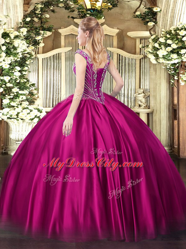 V-neck Sleeveless Satin Vestidos de Quinceanera Beading Lace Up