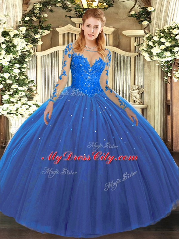 Blue Ball Gowns Tulle Scoop Long Sleeves Lace Floor Length Lace Up Quinceanera Gown