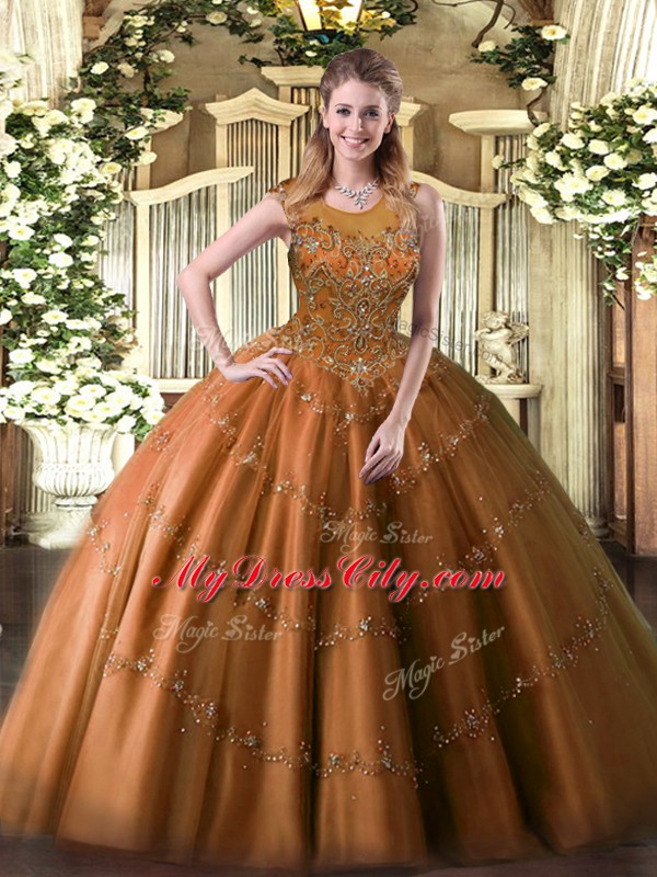 Perfect Scoop Sleeveless Tulle Quinceanera Dresses Beading and Appliques Zipper