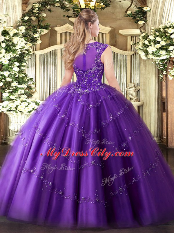 Perfect Scoop Sleeveless Tulle Quinceanera Dresses Beading and Appliques Zipper