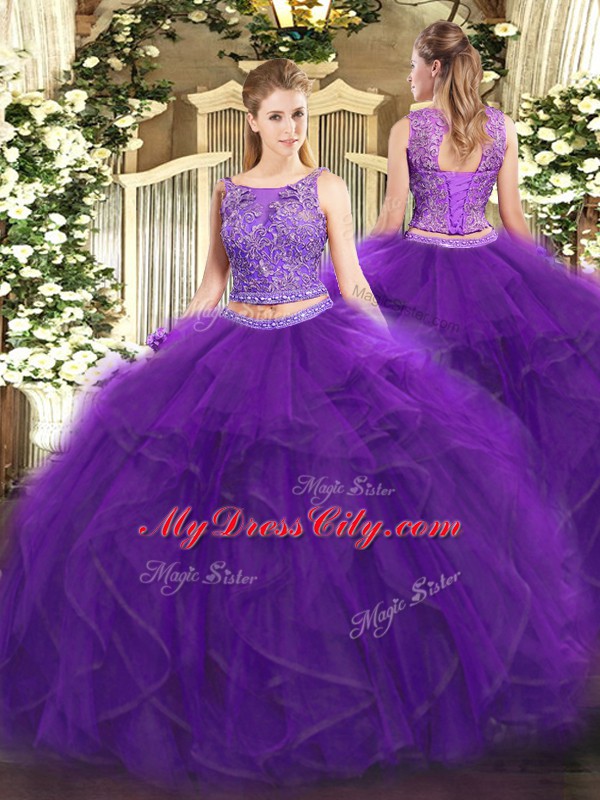 Floor Length Purple Vestidos de Quinceanera Tulle Sleeveless Beading and Ruffles