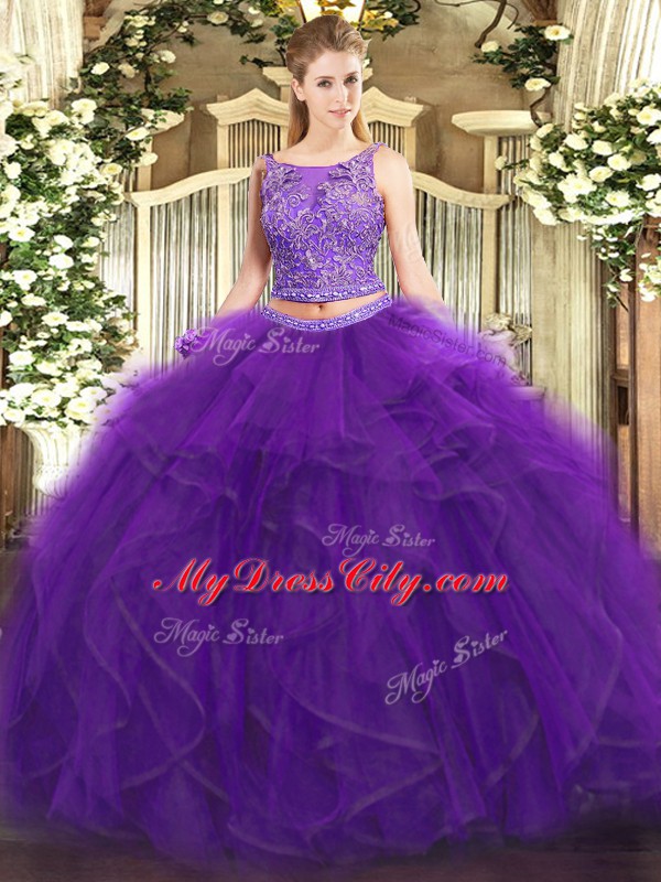 Floor Length Purple Vestidos de Quinceanera Tulle Sleeveless Beading and Ruffles