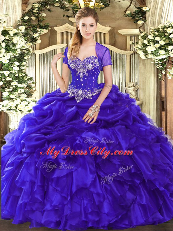 Lovely Floor Length Lace Up Sweet 16 Dress Purple for Military Ball and Sweet 16 and Quinceanera with Beading and Ruffles and Pick Ups