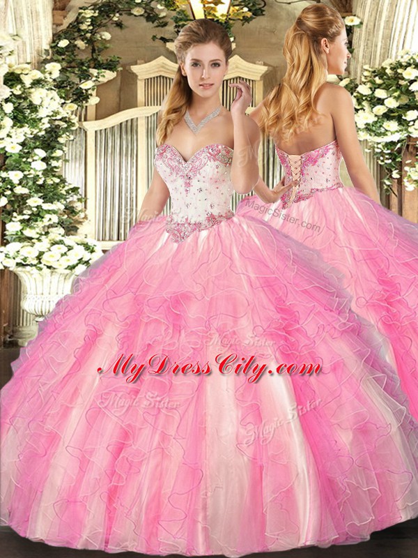 Clearance Sleeveless Floor Length Beading and Ruffles Lace Up Ball Gown Prom Dress with Rose Pink