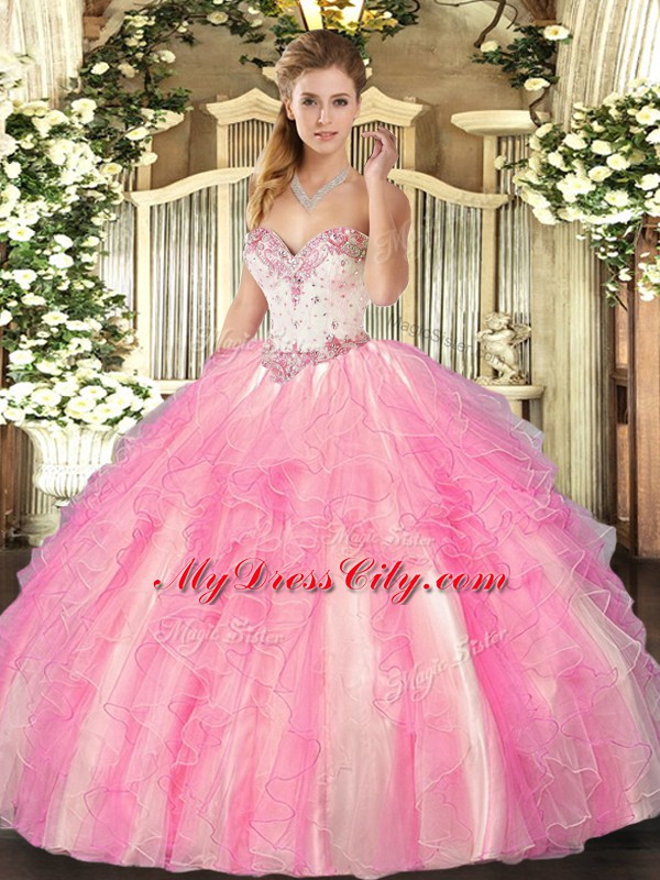 Clearance Sleeveless Floor Length Beading and Ruffles Lace Up Ball Gown Prom Dress with Rose Pink