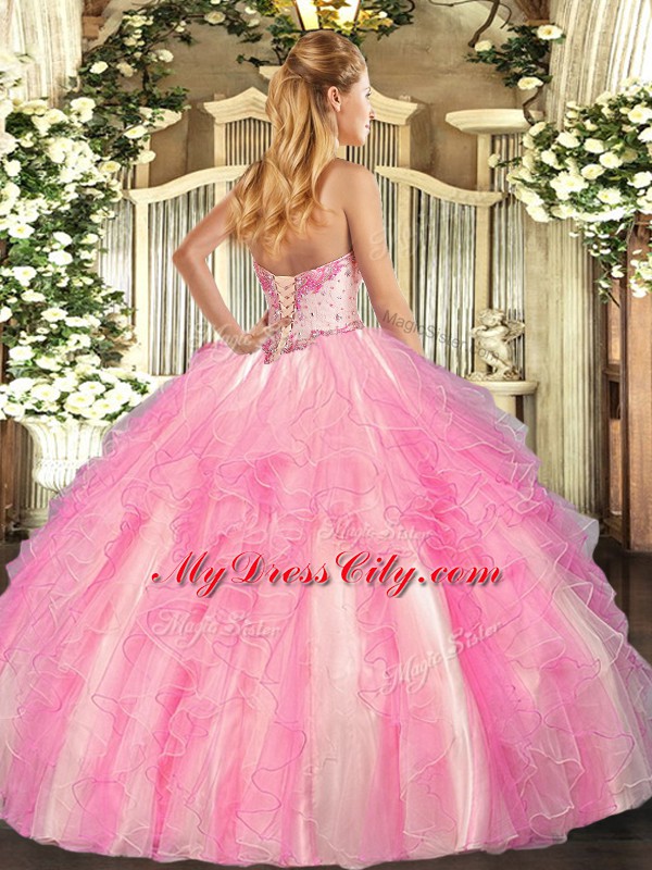 Clearance Sleeveless Floor Length Beading and Ruffles Lace Up Ball Gown Prom Dress with Rose Pink