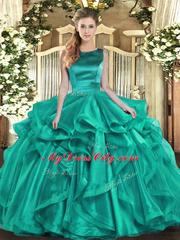 Turquoise Organza Lace Up Scoop Sleeveless Floor Length Sweet 16 Dress Ruffles