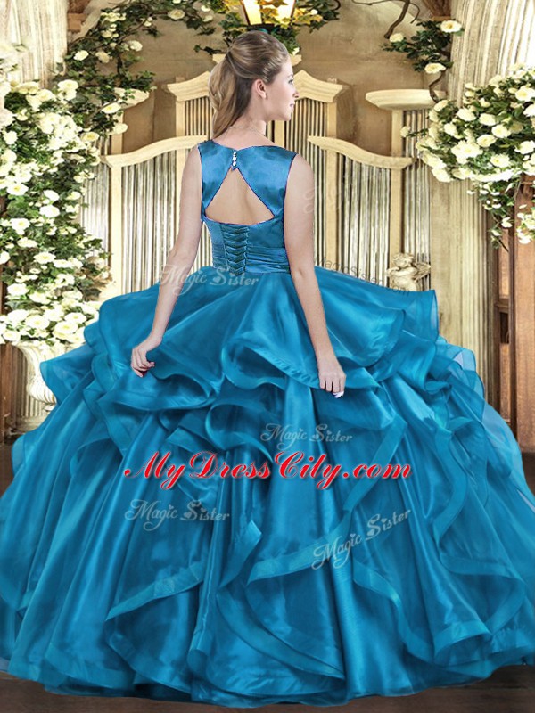 Turquoise Organza Lace Up Scoop Sleeveless Floor Length Sweet 16 Dress Ruffles