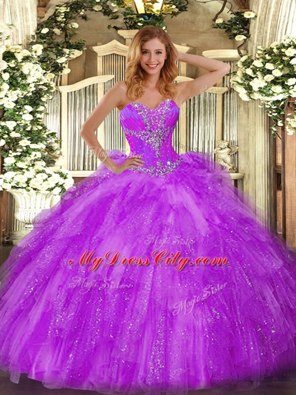 Eggplant Purple Organza Lace Up 15 Quinceanera Dress Sleeveless Floor Length Beading and Ruffles