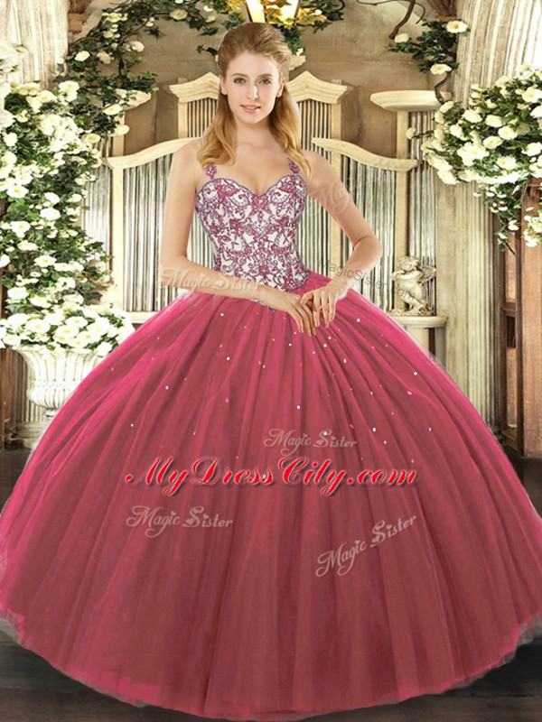 Hot Sale Floor Length Fuchsia Quinceanera Gown Tulle Sleeveless Beading and Appliques