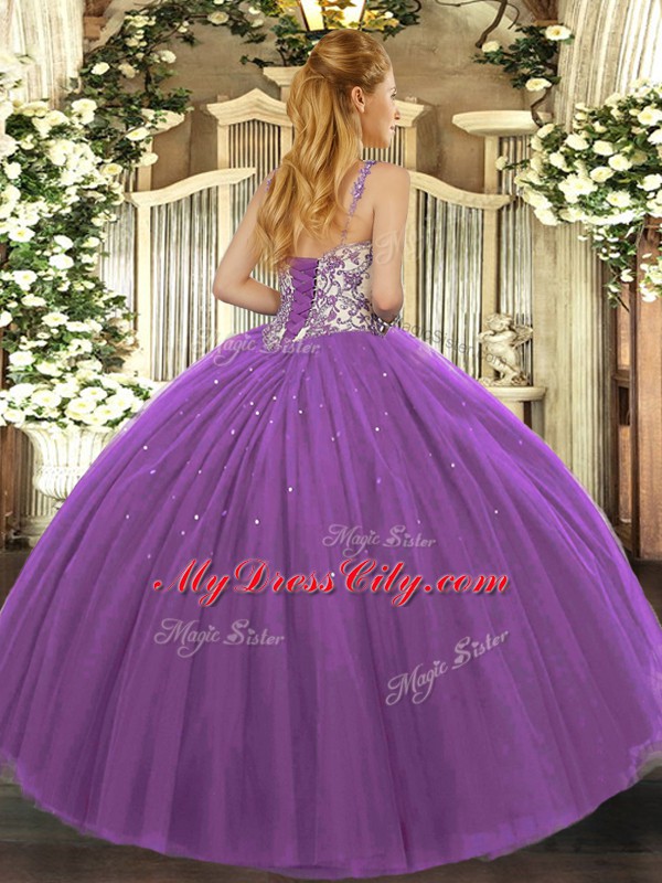 Hot Sale Floor Length Fuchsia Quinceanera Gown Tulle Sleeveless Beading and Appliques