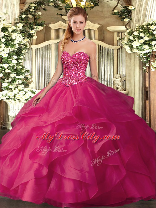 Hot Pink Lace Up Sweetheart Beading and Ruffles Quince Ball Gowns Tulle Sleeveless