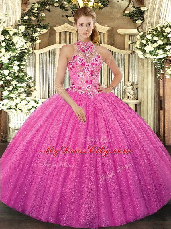 Superior Halter Top Sleeveless Quinceanera Dresses Floor Length Beading and Embroidery Hot Pink Tulle