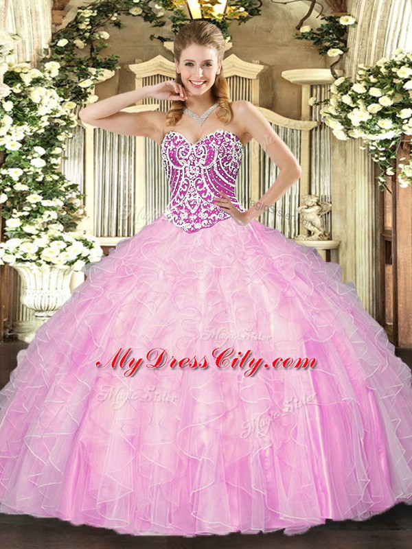 Rose Pink Sleeveless Floor Length Beading and Ruffles Lace Up 15th Birthday Dress