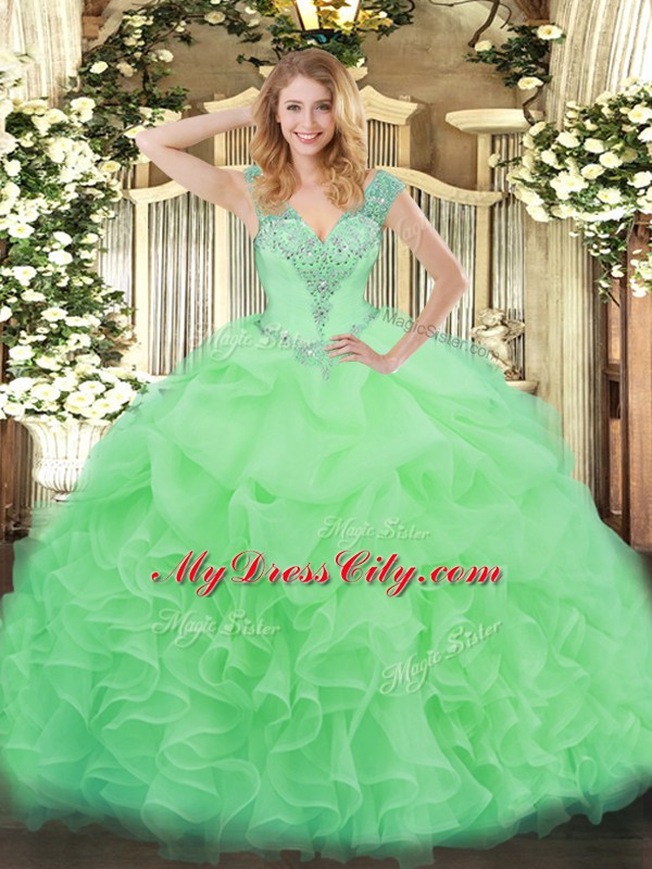 Great Sleeveless Organza Floor Length Lace Up 15 Quinceanera Dress in Apple Green with Ruffles