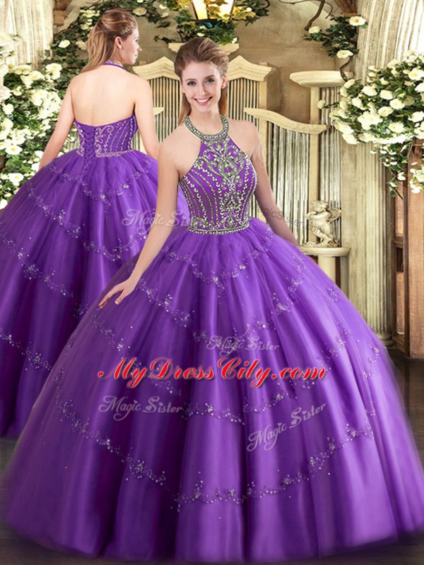 Ball Gowns Quinceanera Dress Purple Halter Top Tulle Sleeveless Floor Length Lace Up