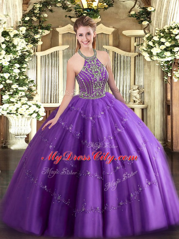 Ball Gowns Quinceanera Dress Purple Halter Top Tulle Sleeveless Floor Length Lace Up