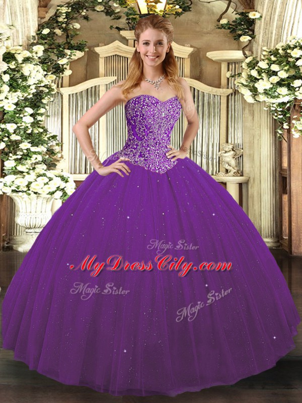 Ideal Purple Lace Up Ball Gown Prom Dress Beading Sleeveless Floor Length