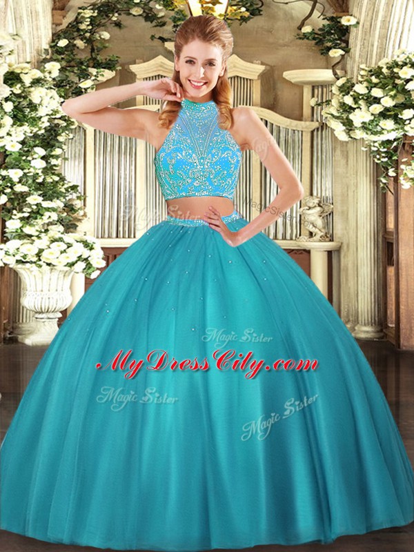 Admirable Aqua Blue Two Pieces Beading Quinceanera Dresses Criss Cross Tulle Sleeveless Floor Length