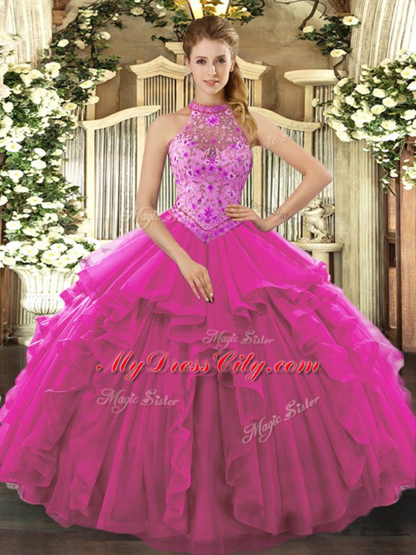 High End Floor Length Fuchsia Vestidos de Quinceanera Halter Top Sleeveless Lace Up