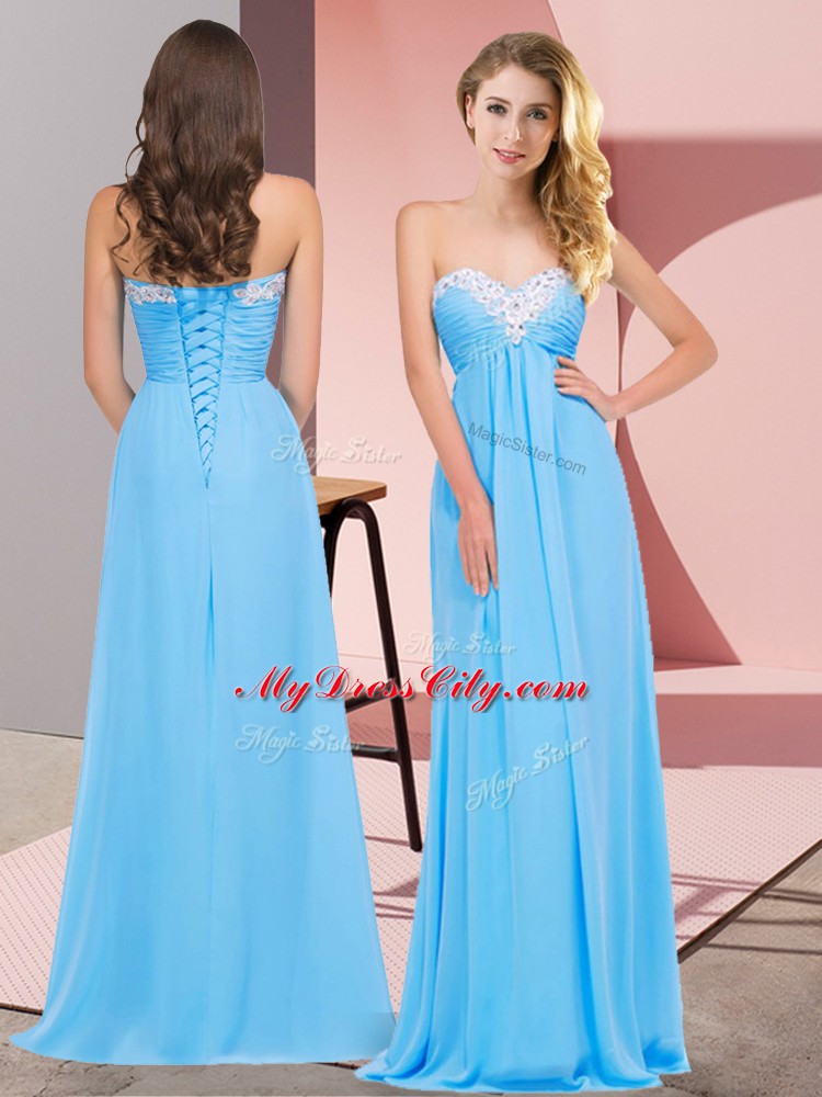 Elegant Aqua Blue Chiffon Lace Up Sweetheart Sleeveless Floor Length Prom Party Dress Ruching