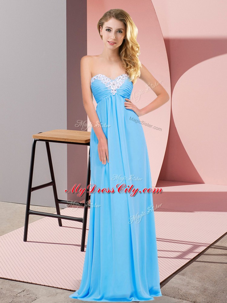 Elegant Aqua Blue Chiffon Lace Up Sweetheart Sleeveless Floor Length Prom Party Dress Ruching