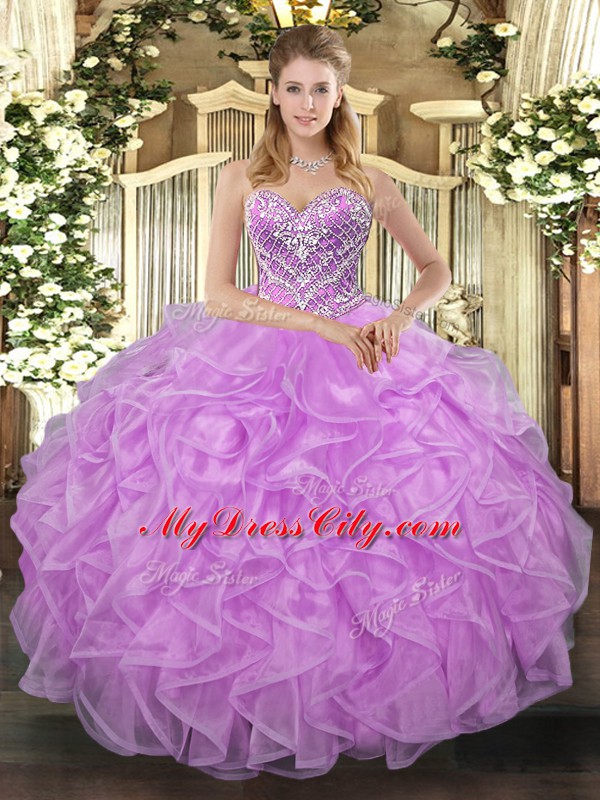 Lilac Quince Ball Gowns Military Ball and Sweet 16 and Quinceanera with Beading Sweetheart Sleeveless Lace Up